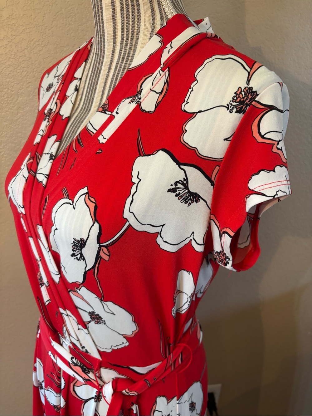 Liz Claiborne Dress Medium Red Faux-Wrap White Floral Midi Side Tie Retro Lined - Picture 8 of 13